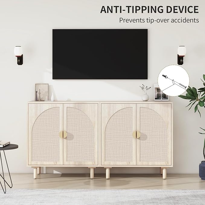 Beige Rattan Cabinet-2-Doors,Sideboard Buffet Cabinet with Storage-Accent Storage Cabinet with Cane Door, Boho Wood Credenza for Dining Room, Kitchen,Study Room (Beige Set 2)