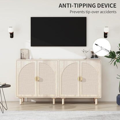 Beige Rattan Cabinet-2-Doors,Sideboard Buffet Cabinet with Storage-Accent Storage Cabinet with Cane Door, Boho Wood Credenza for Living Room, Kitchen,Dining Room or Office