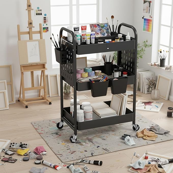 danpinera Craft Cart, Black Rolling Cart with Retractable Dividers & DIY Pegboards for Kitchen, Bedroom, Laundry