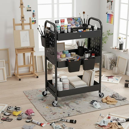 danpinera Craft Cart, Black Rolling Cart with Retractable Dividers & DIY Pegboards for Kitchen, Bedroom, Laundry