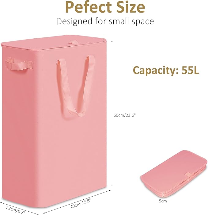 efluky Slim Laundry Basket with Lid, Narrow Laundry Hamper with Handles, Collapsible Dirty Clothes Hamper, Tall Laundry Bin for Laundry Room, Dorm and Bedroom, 55L pink
