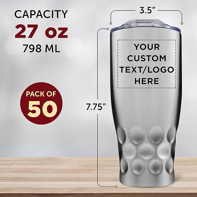 Custom Stainless Steel Tumblers by Molokini 27 oz. Set of 50, Personalized Bulk Pack - Double Wall, Perfect for Coffee, Soda, Other Hot & Cold Beverages - Silver