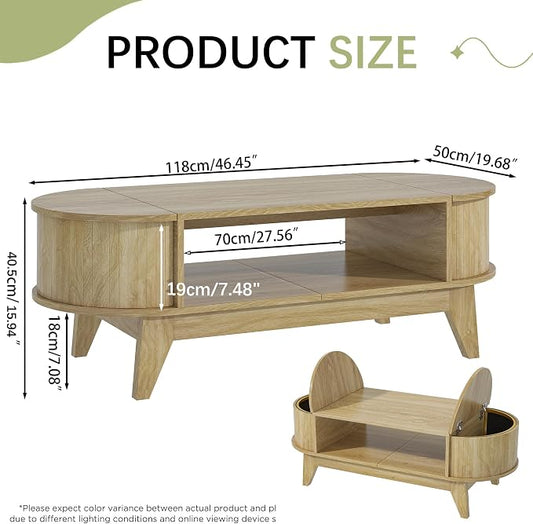 Coffee Table with 2 Hidden Storage,Mid Century Modern Coffee Table with Fluted Finish,Wood Center Tables Oval Coffee Tables with Flip-Top Lids for Living Room Home Office (Oak)