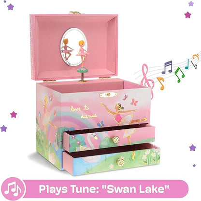 Jewelkeeper Jewelry Box for Girls - Spinning Ballerina Doll to Swan Lake Tune Music Box - Pink Jewelry Boxes for Girls with 2 Drawers - Ideal for Storing Necklaces and Bracelets - 7Lx5Hx6W Inches