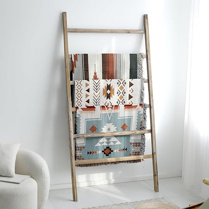 FUIN Extra Wide 6.4ft Wooden Blanket Ladder Living Room Decorative Wal Leaning Farmhouse Quilt Display Holder Rustic Wood Towel Rack for Bathroom, Burnt Brown, 38 inch Wide
