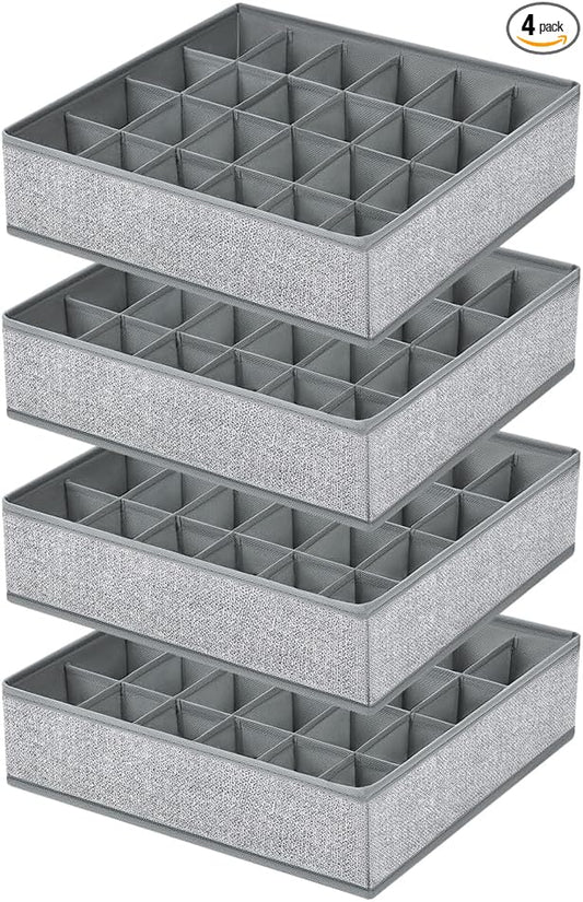 Sock Organizer 4 Pack, Foldable Underwear Drawer Organizer - 24 Cell for Socks, Handkerchiefs, Ties, Belts (Gray)