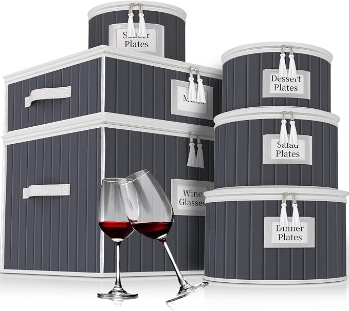 Fine China Storage Containers, 6 Piece Dish Storage Containers, Stackable Plate Storage, Coffee Mug Storage and Wine Glass Storage Box with Dividers, Quilted Dish Organizers, Grey