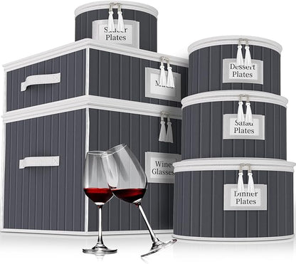 Fine China Storage Containers, 6 Piece Dish Storage Containers, Stackable Plate Storage, Coffee Mug Storage and Wine Glass Storage Box with Dividers, Quilted Dish Organizers, Grey