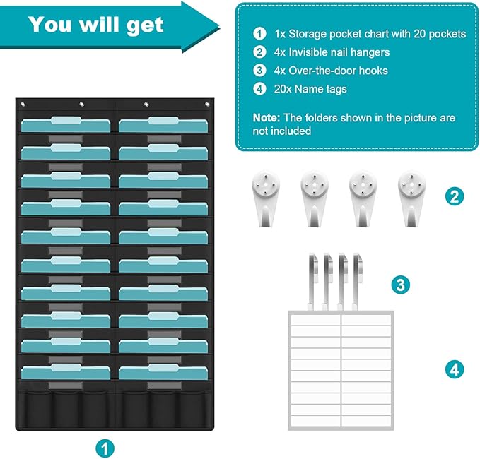 KIKIGOAL 20 Pockets Hanging Wall File Organizer, Heavy Duty Storage Pocket Chart With 20 Name Tag Pockets for File Folder and Paper, Space Saver for Office and Classroom