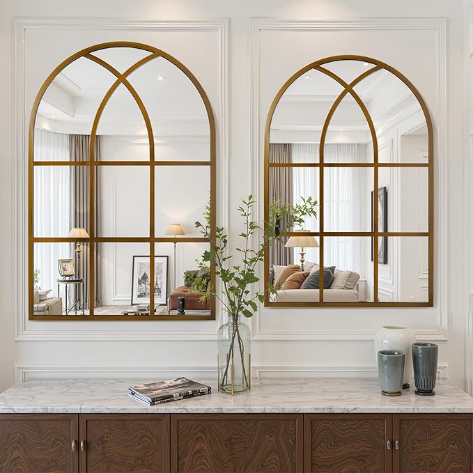 Arched Window pane Wall Mirror 30"x40", Window Shaped Farmhouse Style with Aluminum Frame, Decorative Wall Mirror Leaning Hanging for Living Room, Courtyard, Bedroom, Entryway, Bronze