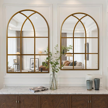 Arched Window pane Wall Mirror 30"x48", Window Shaped Farmhouse Style with Aluminum Frame, Decorative Wall Mirror Leaning Hanging for Living Room, Courtyard, Bedroom, Entryway, Bronze