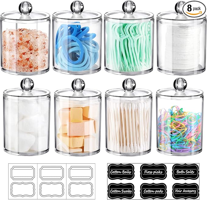 SheeChung 8 Pack Clear Acrylic Apothecary Jars with Labels,(4) 12oz & (4) 10oz Qtip Holder Set,Shatterproof Bathroom Vanity Organizer for Cotton Swabs,Balls,Pads,Bathroom Essentials,Minimalist Decor