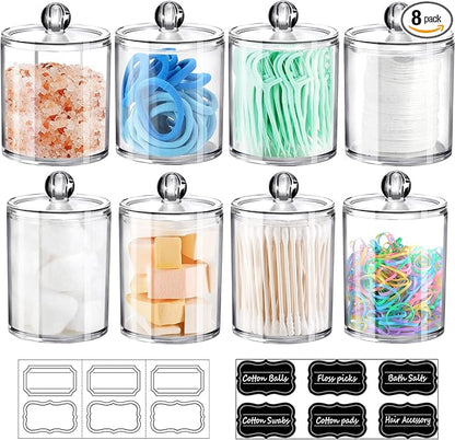 SheeChung 8 Pack Clear Acrylic Apothecary Jars with Labels,(4) 12oz & (4) 10oz Qtip Holder Set,Shatterproof Bathroom Vanity Organizer for Cotton Swabs,Balls,Pads,Bathroom Essentials,Minimalist Decor