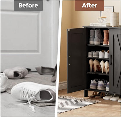 Homleke Farmhouse Shoe Cabinet with 2 Barn Doors & Wood Legs, 5-Tier Shoe Storage Cabinet with 3 Adjustable Shelves, Tall Shoe Rack Organizer for Closet, Shoe Organizer for Entryway, Hallway, Black