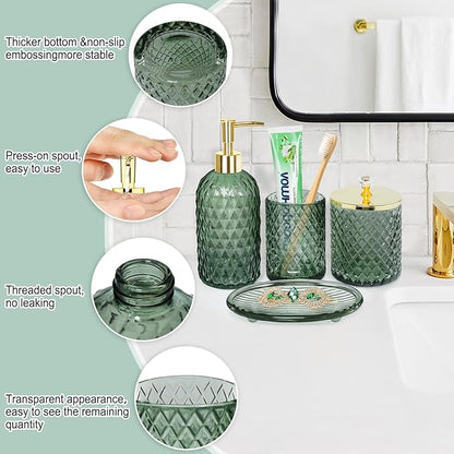 Bathroom Accessories Set, 4Pcs Sage Green Glass Bathroom Accessory Set Complete w/Lotion Soap Dispenser, Toothbrush Holder, Qtip Holder, Soap Dish, Gold Bathroom Decor Sets, Gift for Home Apartment