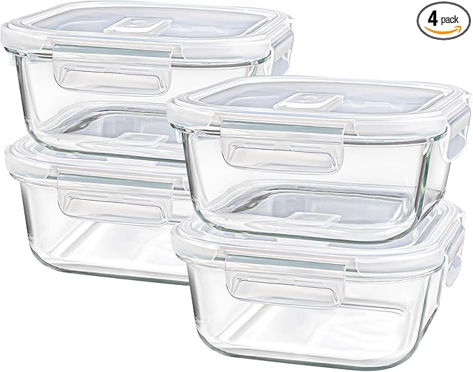 Square Glass Containers with Lids 24oz - Borosilicate Glass Food Storage Set 3 Cup, Freezer Safe Meal Prep Containers, Sandwich Lunch Box, Yogurt Cereal Bowls with Vented Lids BPA Free 4 Pack