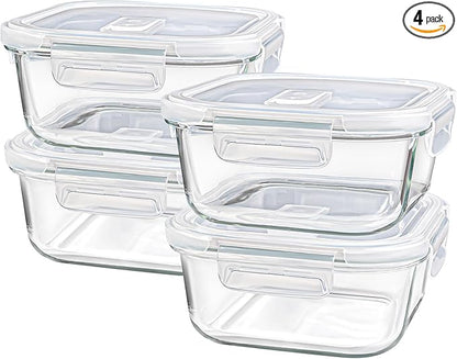 Square Glass Containers with Lids 24oz - Borosilicate Glass Food Storage Set 3 Cup, Freezer Safe Meal Prep Containers, Sandwich Lunch Box, Yogurt Cereal Bowls with Vented Lids BPA Free 4 Pack