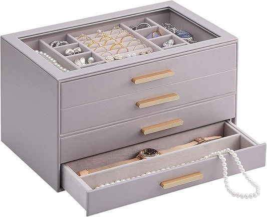 Lolalet Jewelry Box Organizer, 4-Layer Jewelry Organizers and Storage Case with Glass Lid, Ring Earring Bracelet Necklace Holder Organizer, Birthday Valentine Gifts for Women Girls -4Layer, HazePurple