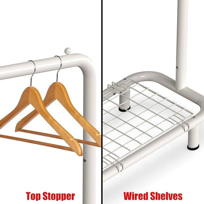 Simple Houseware Clothing Rack with Industrial Pipe and Bottom Shelves, White