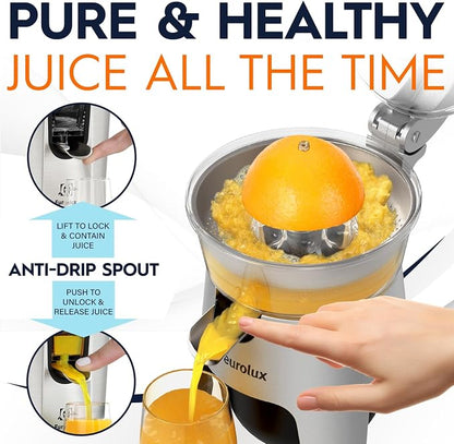 Eurolux Die Cast Stainless Steel Electric Citrus Juicer Squeezer, for Orange, Lemon, Grapefruit | 300 Watts of Power, With 2 Stainless Steel Filter Sizes for Pulp Control