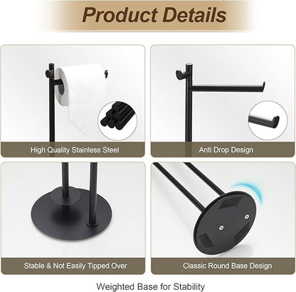 BVL Toilet Paper Holder Stand, Matte Black with Extra Heavy Base, Holds 5 Rolls, Waterproof Pad, Minimalist Design, 304 Stainless Steel, Rustproof & Space-Saving with Hook