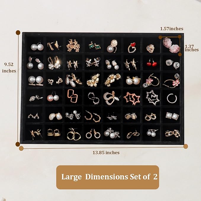 Large Velvet Jewelry Tray 2 Pack Stackable Jewelry Display Drawer Inserts Trays Organizer for Earring Bracelet Necklace Ring (Black, 48 Grids)