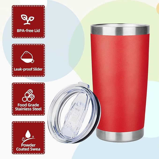 20oz Tumbler with Lid Stainless Steel Insulated Tumblers Travel Coffee Tumbler Bulk Double Wall Vacuum Insulated Water Cup Christmas Gifts for Women Men Her Him Home Office (Red, 1pack)