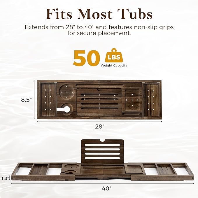 Teak Bathtub Tray, Expandable Bath Tray for Tub 28–40in, Foldable Bath Caddy with Wine Holder, Phone & Tablet Stand, Wooden Bathtub Organizer, Luxury Spa Bathroom Accessories Gift - Dark Walnut Finish