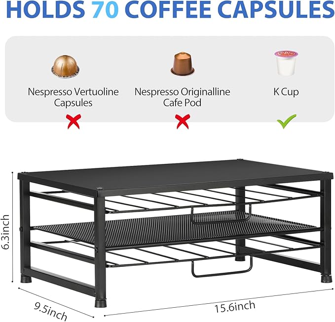 ECOLOVI K Cup Holder Organizer for 70 Pods, 2-Tier Coffee Pod Holder for K-Cup with 2 Sliding Storage Drawers, Coffee Station Bar Organizer for Kitchen Countertop, Home & Office, Frosted Black