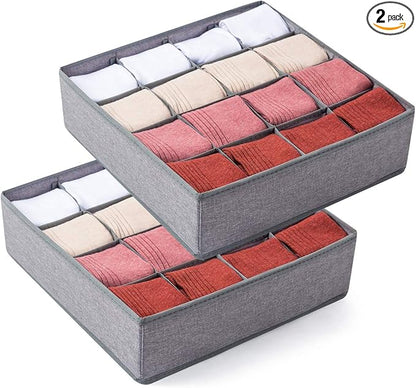 Qozary 2 Pack Socks Underwear Drawer Organizer Divider, 24 Cell or 16 Cell Collapsible Cabinet Closet Organizer Storage Boxes for Clothes, Socks, Lingerie, Underwear, Ties