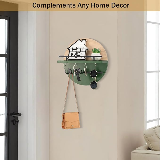dreampossible Key Holder for Wall Decorative with Shelf and Hooks, Mail Organizer Wall Mount with Sunglasses Holder, Circular Design Entryway Key Rack Hanger, Rustic Home Decor