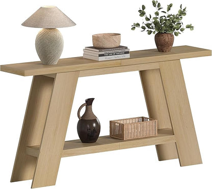 Treocho 63 Inch Long Console Tables for Entryway, 2-Tier Modern Wood Sofa Table with Shelf Behind Couch, Contemporary Narrow Entryway Table for Living Room, Hallway, Entrance, Hallway, Entrance, Oak