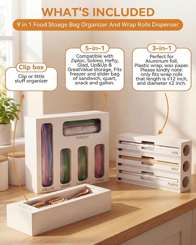 Bamboo Foil and Plastic Wrap Organizer for Kitchen Drawer, 9 in 1 Plastic Bag Organizer Organization and Storage, Food Storage Bag Organizer with Labels for Quart Gallon Snack (White)