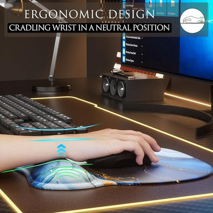 MROCO Ergonomic Mouse Pad with Gel Wrist Rest, 9.4 x 8.1 in, Blue Marble | Ergonomic Shape Design, Multiple Pattern Options, Gel Wrist Comfort, Smooth Lycra Surface, Non-Slip PU Base