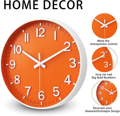 HZDHCLH Wall Clocks Battery Operated,Wall Clock Orange,8 inch Wall Clock Silent Non Ticking Modern 3D Numbers for Kitchen Bedroom Living Room Office Classroom Decor