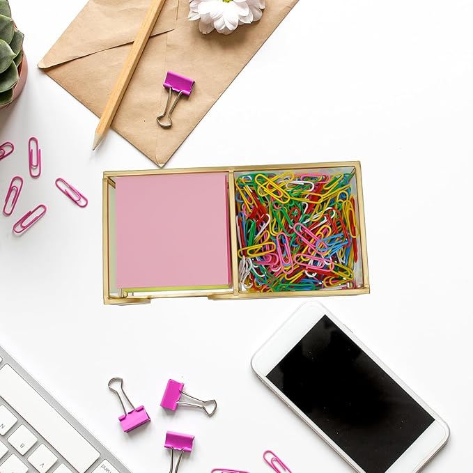 Glass Sticky Note Holder,2 Slots Gold Post It Note Dispenser for Desk,3 x 3 Inch Post It Note Holder, Stylish Sticky Note Dispenser for Home Office Desk Table Drawer