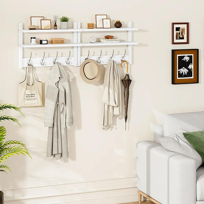 YMYNY Coat Rack Wall Mount with Shelf, Two-Tier Wall Shelf Mounted with 8 Hooks, Wooden Wall Coat Rack for Entryway, Bedroom for Hanging Clothes/Coats/Keys/Hats/Towels, White, HWS009W-2