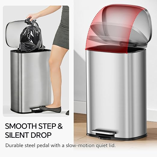 13 Gallon Trash Can (50L) and 1.6 Gallon (6L) Kitchen Trash Can Combo Set, Stainless Steel Garbage Can with Lid and Step-on Pedal, Soft Close Waste Bin with Inner Bucket for Home & Office