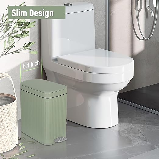 rejomiik Small Bathroom Trash Can with Lid Slim Soft Close Garbage Can Step Wastebasket Container Trash Bin for Office Bedroom Kitchen Living Room (2.6 Gallon Light Green)