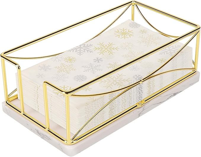 Livabber Guest Napkin Holder, Metal Bathroom Paper Hand Towel Storage Modern Napkin Tray Caddy for Countertop, Table Kitchen, Dinning Room (Gold, Marble Base)