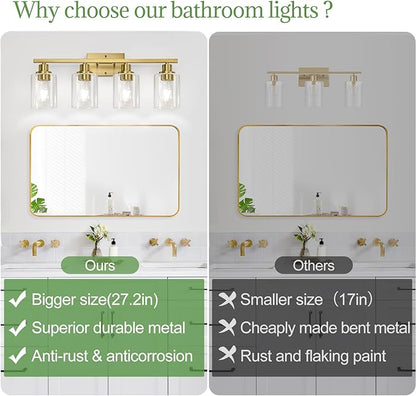 4-Light Bathroom Light Fixtures, Vanity Light with Clear Glass Shades, Brushed Gold Bathroom Light Fixtures Over Mirror, Modern Bathroom Wall Lamp for Mirror Living Room Cabinet Bedroom