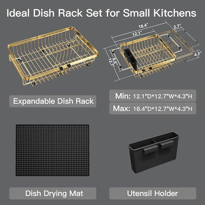 MAJALiS Gold Dish Drying Rack Over The Sink with Utensil Holder, Mat | Expandable Stainless Steel Dish Drainer for Small Kitchen, Apartment, RV, Counter Space Saving, Perfect Fit, Rustproof