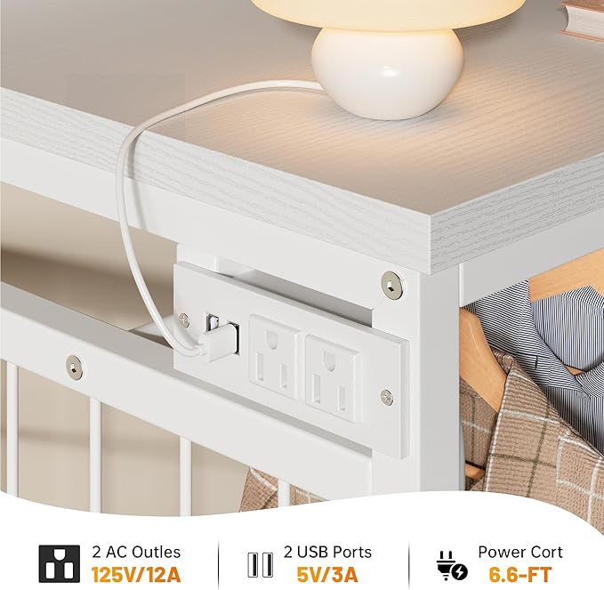 EnHomee 49.2" W Dresser with Hanging Rack & 6 Fabric Drawers for Bedroom, Featuring LED Lights and Charging Station, White Fabric Dressers & Chest of Drawers with Grid Panel & 4 Hooks, Wooden Top