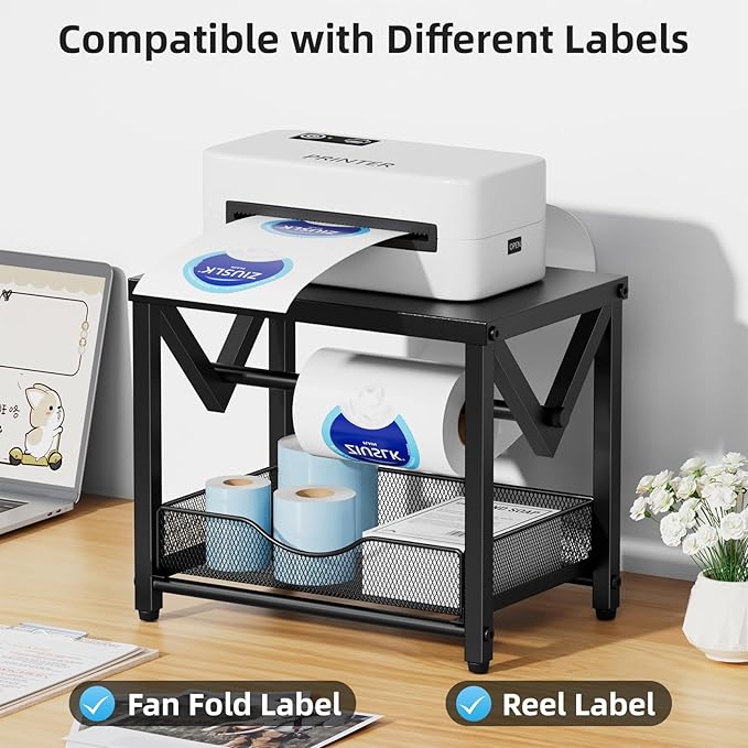 Marbrasse Label Holder for Rolls and Fanfold Labels, Metal Thermal Label Printer Holder with Drawer, Shipping Label Stand,Sticker Roll Holder for Home, Office, Small Business,Black