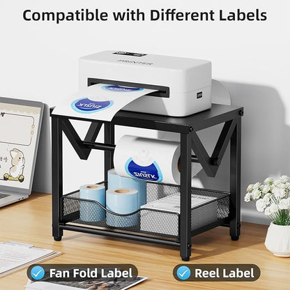 Marbrasse Label Holder for Rolls and Fanfold Labels, Metal Thermal Label Printer Holder with Drawer, Shipping Label Stand,Sticker Roll Holder for Home, Office, Small Business,Black