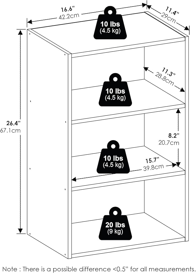 Furinno Basic Book Shelf, 3-Tier Bookshelf, Cube Storage Organizer Bookcase with Open Shelf, 11 x 17 x 26, for Living Room, Bedroom, Home Office, White
