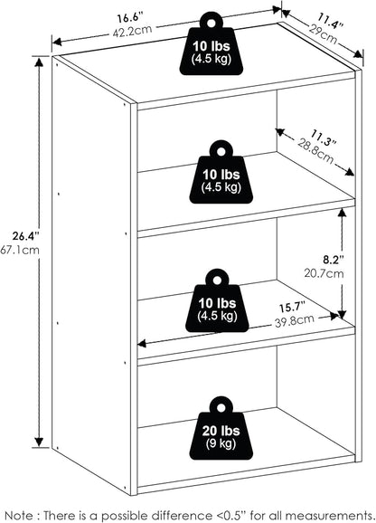 Furinno Basic Book Shelf, 3-Tier Bookshelf, Cube Storage Organizer Bookcase with Open Shelf, 11 x 17 x 26, for Living Room, Bedroom, Home Office, Espresso