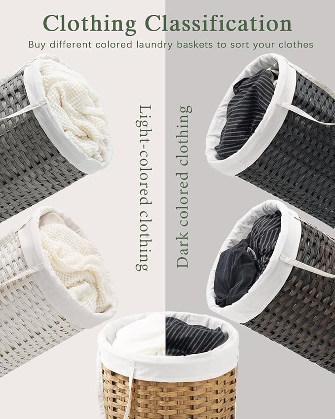 Laundry Hamper Laundry Basket Round 19.0 Gal (72 L) Handwoven Rattan Hamper, Large Wicker Hamper Basket with Removable Liner Bag Handles 2 Mesh Bags for Bathroom Living Room Natural (No Lid)