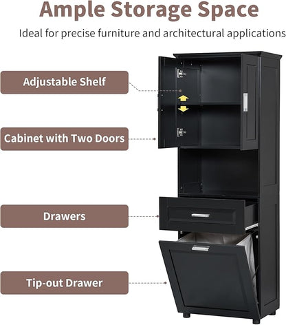 70" Tall Bathroom Storage Cabinet with Two Doors and Drawer, Open Space and Laundry Hampers for Home Display Organizer, Removable Laundry Basket, Adjustable Shelf, Black