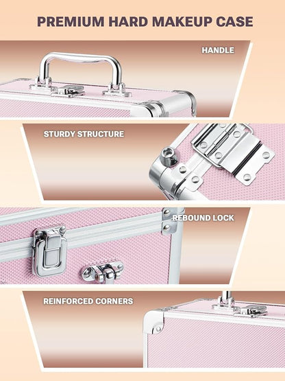 Qislee Makeup Box with A Detachable Lighted Mirror, Waterproof Travel Train Case, Cosmetic Organizer and Makeup Suitcase with Adjustable Dividers, Magnetic LED Mirror(Icy Pink)